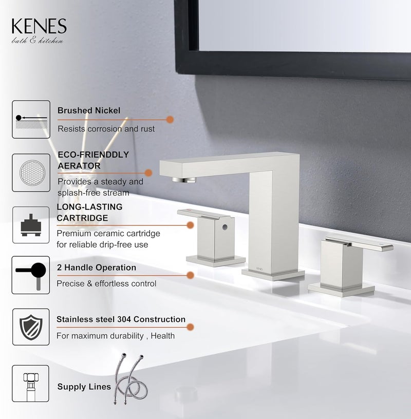 KENES 2 Handle Widespread Bathroom Faucets Brushed Nickel, Bathroom Sink Faucet 3 Hole Vanity Faucet with Lead-Free Supply Hose, KE-9050 - Image 3